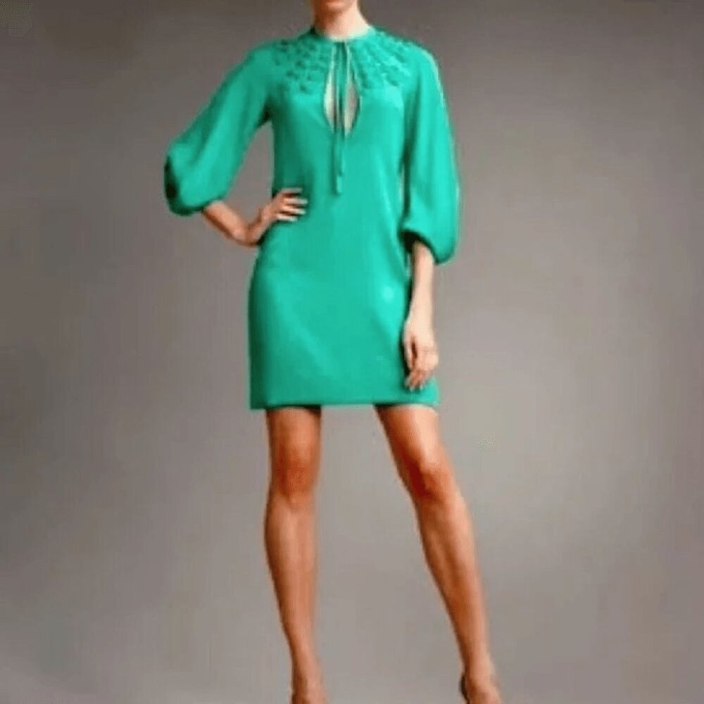 Diane Von Furstenberg Green Arria Cutout 100% Silk Long Sleeve Mini Dress Size 8